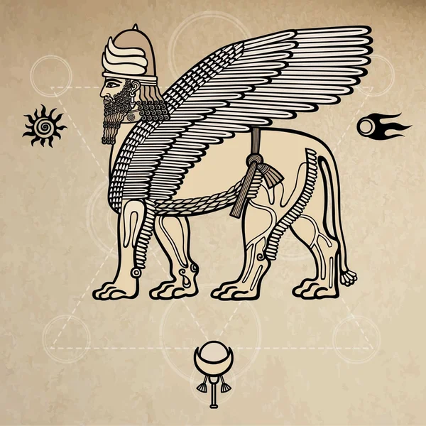 Mítica deidad asiria león alado de Shedu. Símbolos espaciales. Ilustración lineal vectorial. Antecedentes - imitación del papel viejo . — Vector de stock