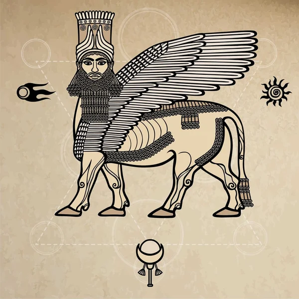 Образ ассирийского мифического божества Шеду: крылатый бык с головой человека. Характер шумерской мифологии. Космические символы Фон - имитация старой бумаги . — стоковый вектор