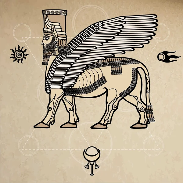 Мифическое ассирийское божество крылатый бык из Шеду. Космические символы Векторная линейная иллюстрация. Фон - имитация старой бумаги . — стоковый вектор