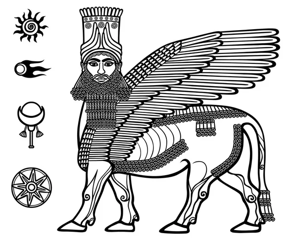 Görüntü Asur efsanevi Tanrı Shedu: kişi başı kanatlı bir boğa. Sümer mitolojisinin karakter. Alan güneş simgeler kümesi. Siyah-beyaz vektör çizim.