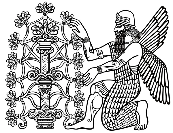 A sziluettje az asszír istenség gyűjt gyümölcsöt egy fantasztikus fa. Sumer mitológia jellege. Lineáris rajz, elszigetelt, fehér alapon fekete sziluettje. Vektoros illusztráció. — Stock Vector