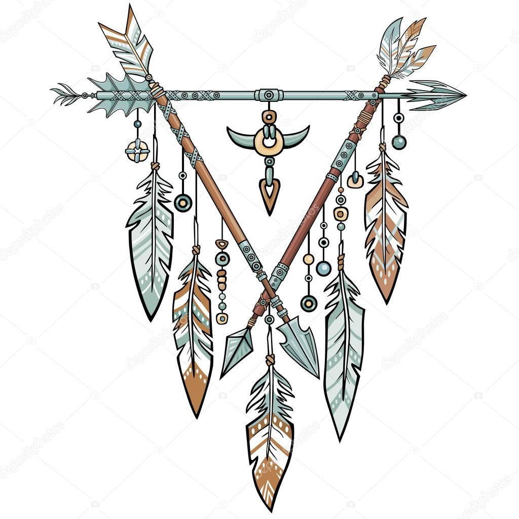 Decorative triangle from arrows. Jewelry feathers and beads, ethnic amulets. American Indians traditional symbol. Boho design. Vector illustration isolated on a white background.