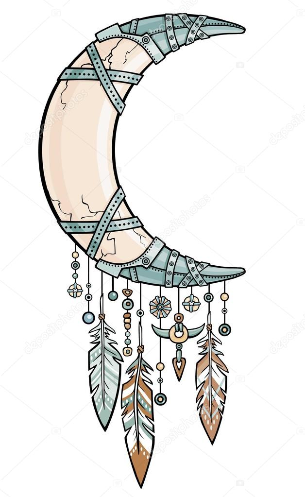 Native American Indian talisman dreamcatcher with feathers. Magic horn a crescent, moon in metal armor. Ethnic design, boho chic, tribal symbol. Vector illustration isolated on a white background.