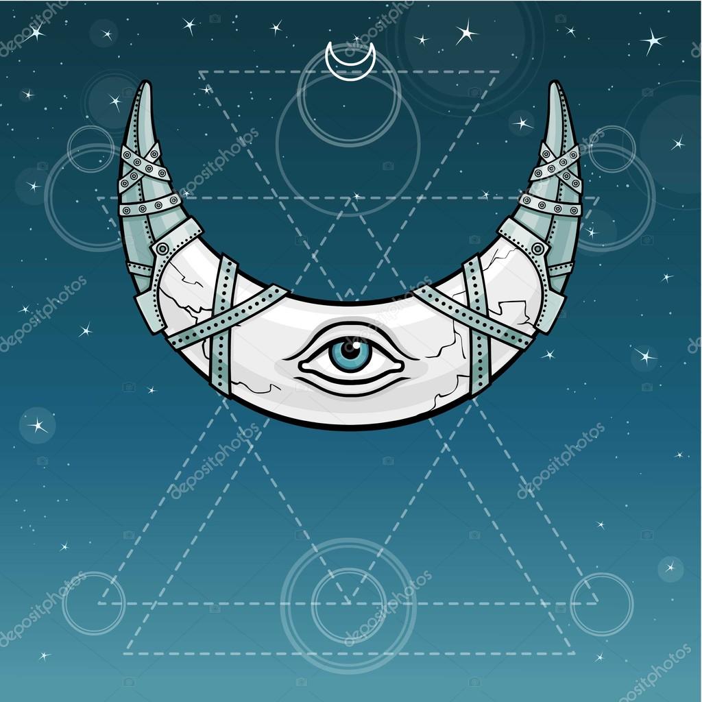 一新月在金属盔甲的魔法号角。普罗维登斯之眼。神的几何学。印度的动机，波西米亚风设计。背景-夜晚的星空。矢量图。打印、 海报、 t 恤、 纺织品.  图库矢量图©Roomyana 126823418, image size:1024x1024