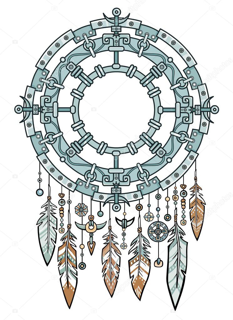 Talisman metal dreamcatcher with feathers.Motives of the American Indians.Ethnic design, boho chic, tribal symbol.Vector illustration isolated on a white background.Print, posters, t-shirt, textiles.