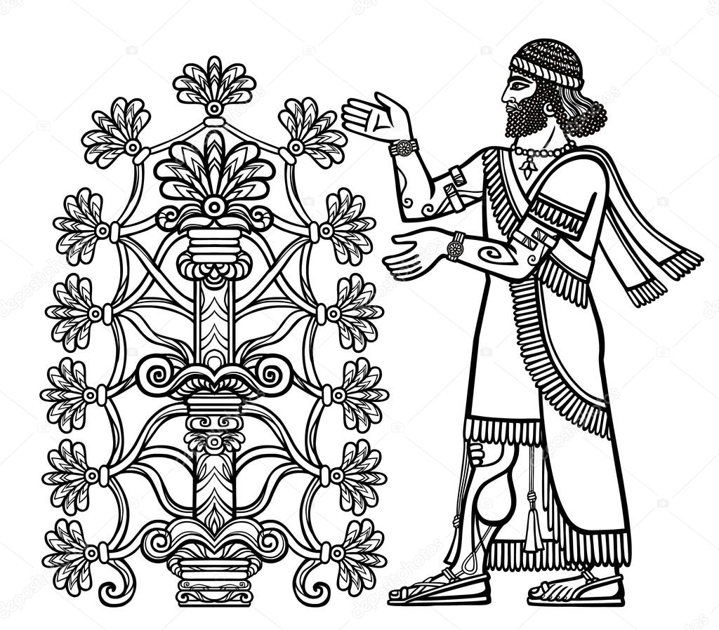 The silhouette of Assyrian deity collects fruits from a fantastic tree. Character of Sumerian mythology.Linear drawing isolated on a white background. Vector illustration, be used for coloring book.