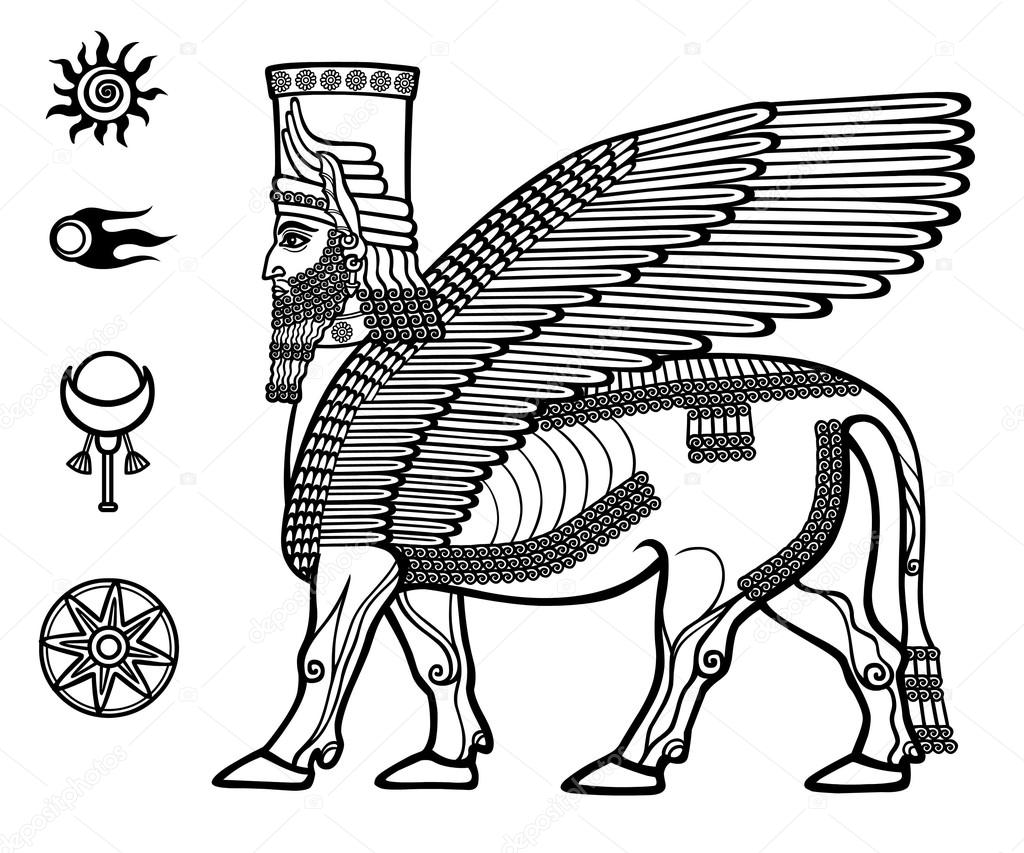 Image of the Assyrian mythical deity Shedu: a winged bull with the head of the person. Character of Sumer mythology. Set of space solar symbols. Black-and-white vector illustration.