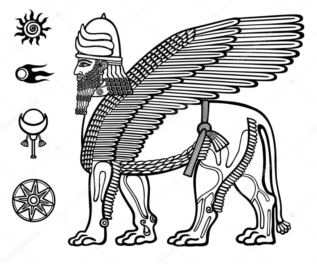 Image of the Assyrian mythical deity of Shedu: a winged lion with the head of the person. Character of Sumer mythology. Set of space solar symbols. Black-and-white vector illustration.