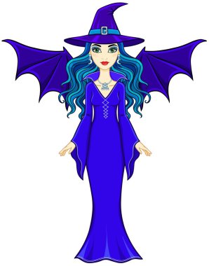 Animasyon güzel yarasa kanatları ile cadı. Tam büyüme. Beyaz bir arka plan üzerinde izole vektör çizim.