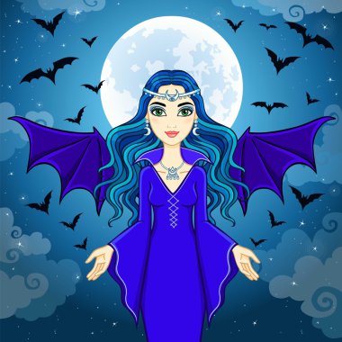 Animasyon güzel cadı yarasa sürüsü çalışır. Bir arka plan - gece gökyüzü. Vektör çizim.