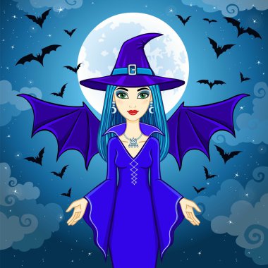 Animasyon güzel cadı yarasa sürüsü çalışır. Bir arka plan - gece gökyüzü. Vektör çizim.