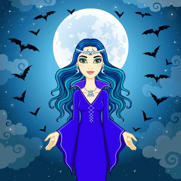 Animasyon güzel cadı yarasa sürüsü çalışır. Bir arka plan - gece gökyüzü. Vektör çizim.