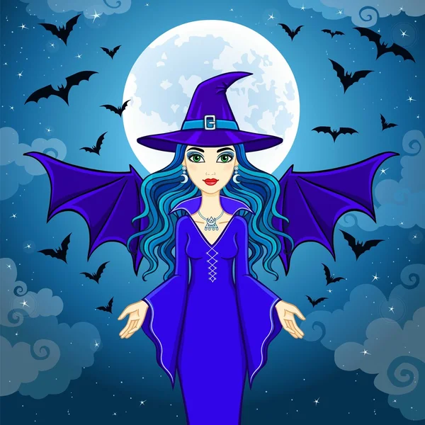 Animasyon güzel cadı yarasa sürüsü çalışır. Bir arka plan - gece gökyüzü. Vektör çizim.