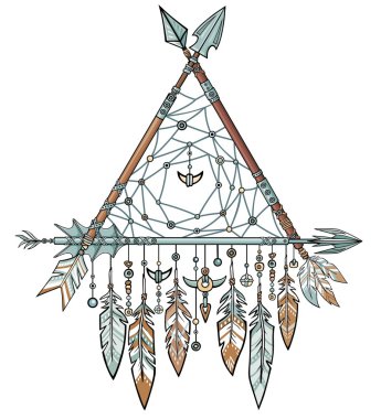 Dekoratif üçgen oklar üzerinden. Takı tüyler ve boncuklar, etnik muska. Amerikan yerlileri geleneksel sembolü. Boho tasarım. Beyaz bir arka plan üzerinde izole vektör çizim.