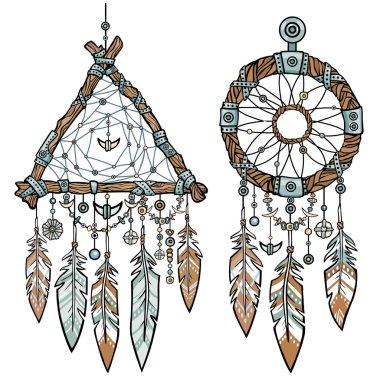 Yuvarlak ve üçgen Dreamcatcher. Eşarplı yerli Amerikan Hint tılsım. Etnik tasarım, boho chic, aşiret sembolü. Beyaz bir arka plan üzerinde izole vektör çizim.