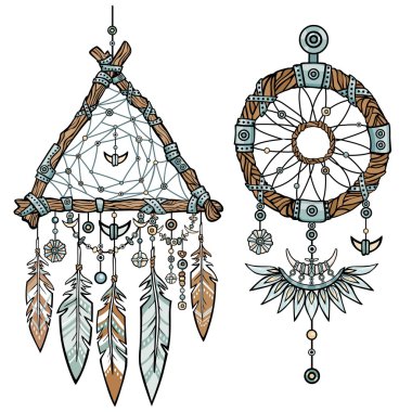 Yuvarlak ve üçgen Dreamcatcher. Eşarplı yerli Amerikan Hint tılsım. Etnik tasarım, boho chic, aşiret sembolü. Beyaz bir arka plan üzerinde izole vektör çizim.