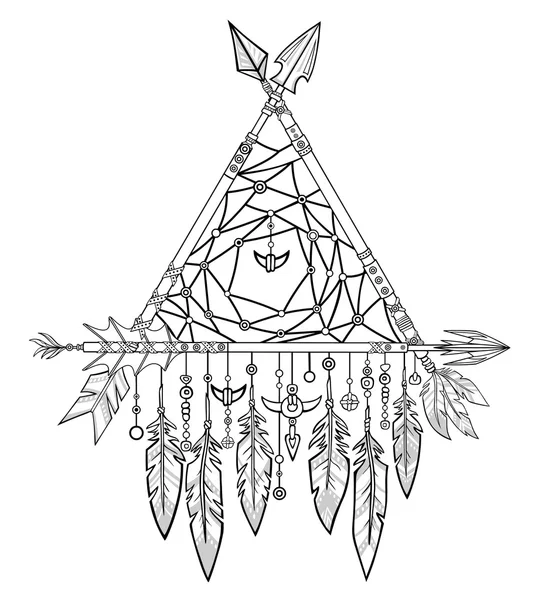 Dekorativa triangel från pilar. Smycken fjädrar och pärlor. Amerikanska indianer symbol. Boho design. Llinear ritning isolerad på en vit bakgrund. Vektor illustration, användas för målarbok. — Stock vektor