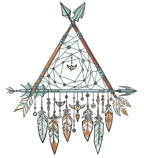 Dekorativa triangel från pilar. Smycken fjädrar och pärlor, etniska amuletter. Amerikanska indianer traditionell symbol. Boho design. Vektorillustration isolerade på en vit bakgrund. — Stock vektor