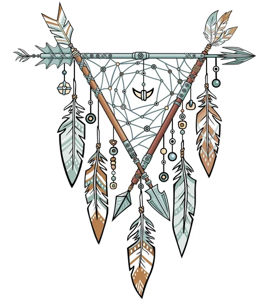 Triangolo decorativo da frecce. Piume e perline di gioielli, amuleti etnici. Simbolo tradizionale degli indiani americani. Boho design. Illustrazione vettoriale isolata su sfondo bianco . — Vettoriale Stock