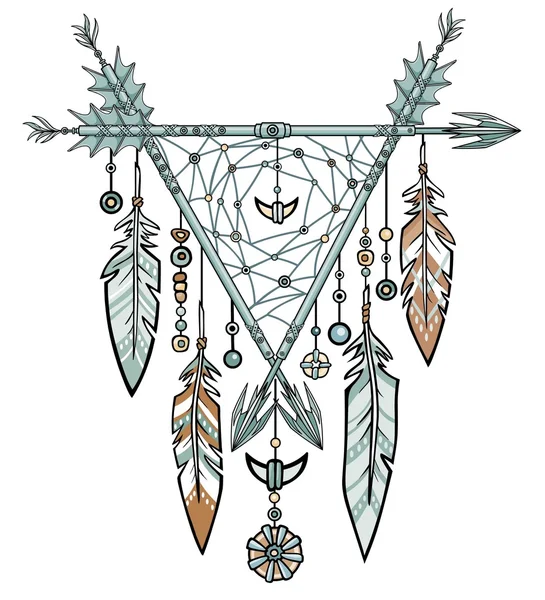 Triangolo decorativo da frecce. Piume e perline di gioielli, amuleti etnici. Simbolo tradizionale degli indiani americani. Boho design. Illustrazione vettoriale isolata su sfondo bianco . — Vettoriale Stock