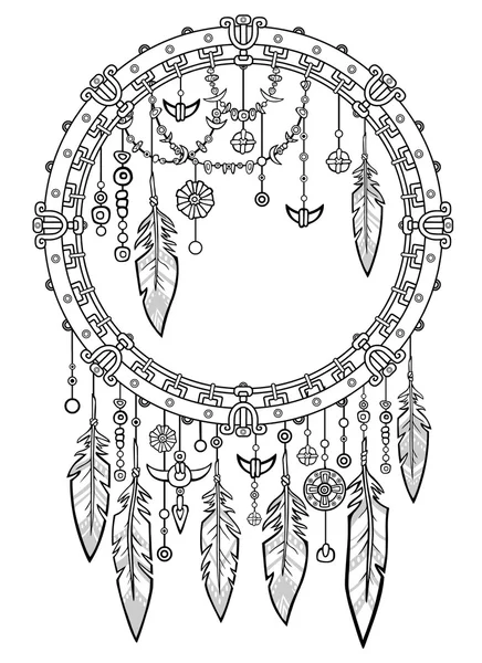 Talisman dreamcatcher with feathers.Motives of the American Indians.Ethnic design, boho chic. The linear drawing isolated on a white background. Vector illustration, be used for coloring book. — Stock vektor