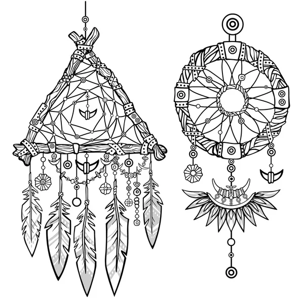 Round and triangular Dreamcatcher.Native American Indian talisman with feathers. Ethnic design, boho chic.Llinear drawing isolated on a white background.Vector illustration, be used for coloring book. — Stock vektor