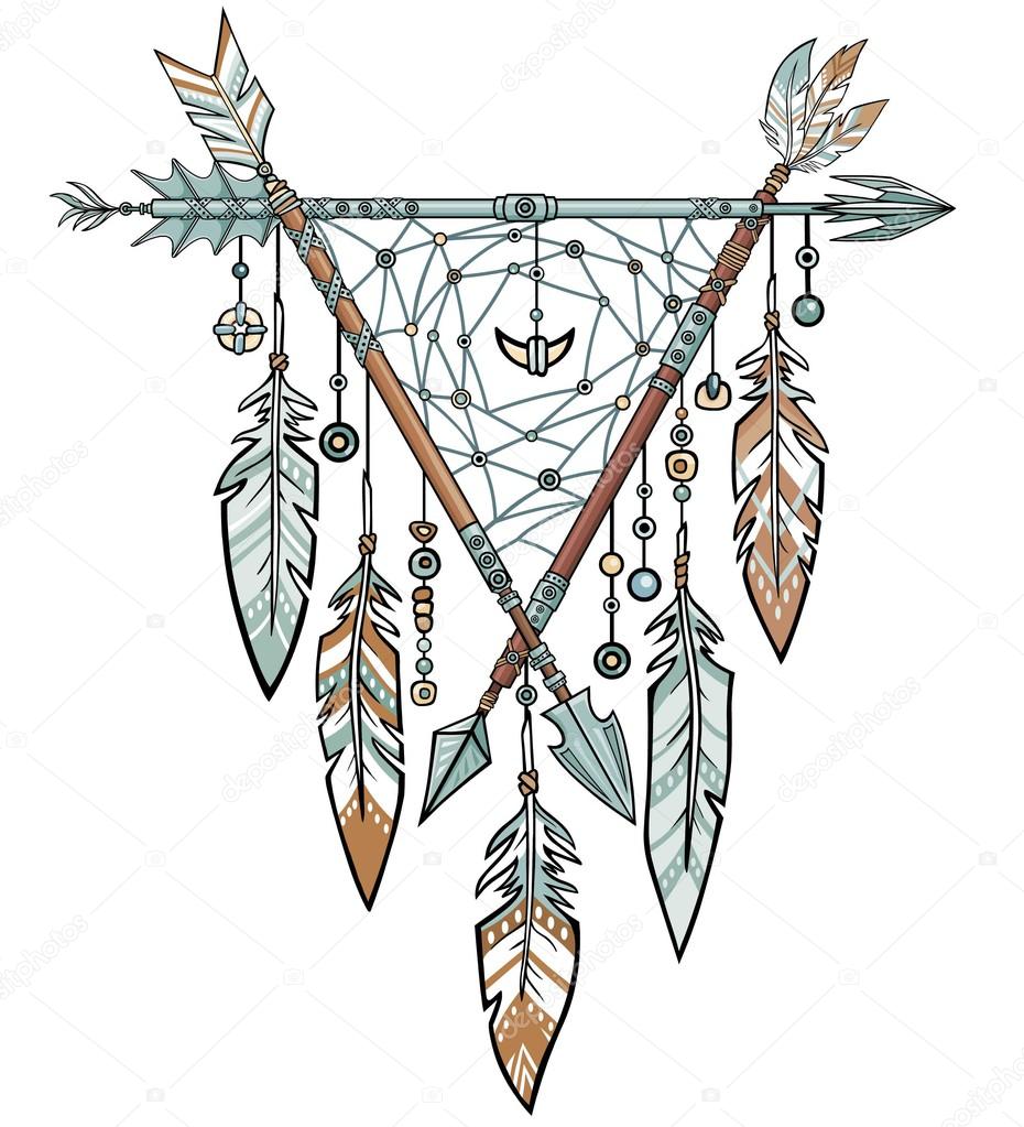 Decorative triangle from arrows. Jewelry feathers and beads, ethnic amulets. American Indians traditional symbol. Boho design. Vector illustration isolated on a white background.