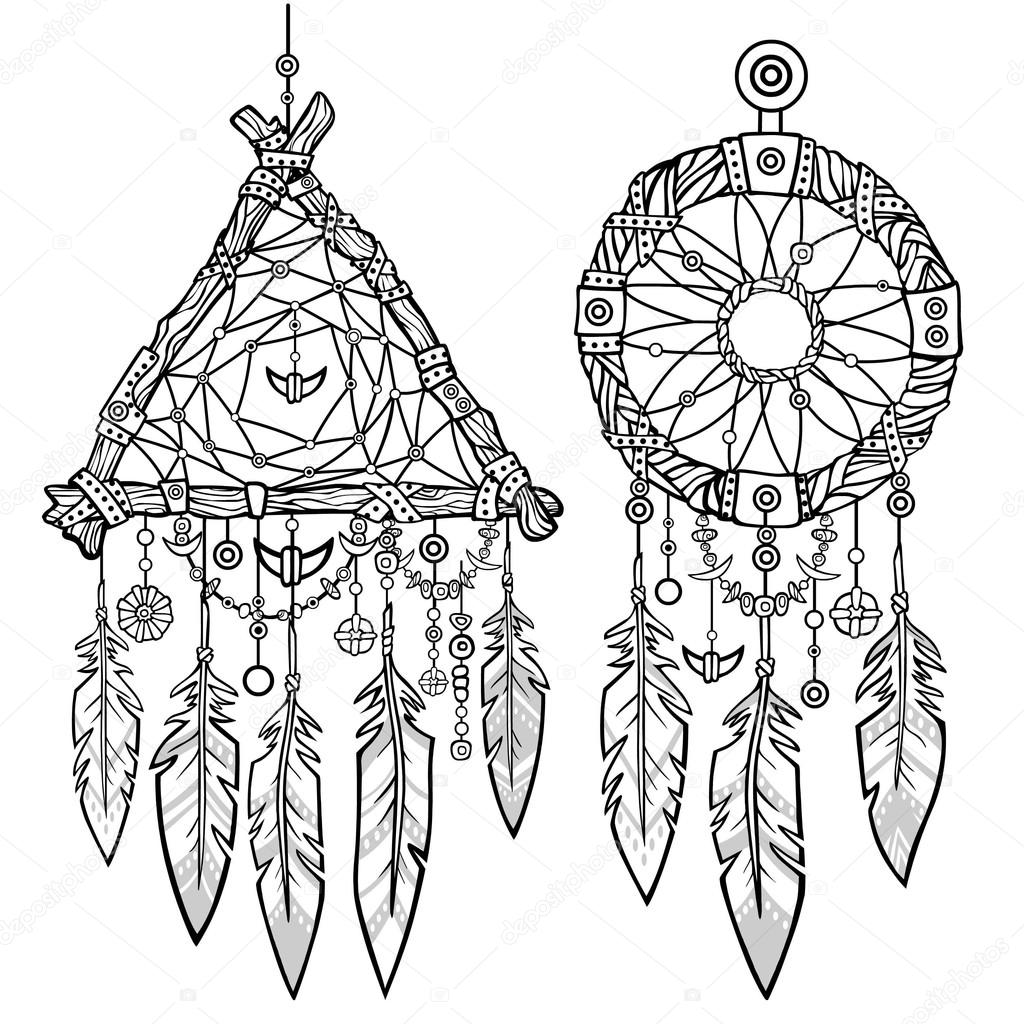 Round and triangular Dreamcatcher.Native American Indian talisman with feathers. Ethnic design, boho chic.Llinear drawing isolated on a white background.Vector illustration, be used for coloring book.
