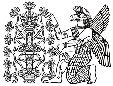 Asur Tanrı silüeti fantastik bir ağaçtan meyve toplar. Sümer mitolojisindeki karakter. Lineer çizim, izole bir beyaz arka plan üzerinde siyah siluet. Vektör çizim.