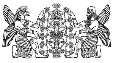 The silhouette of the Assyrian deities collects fruits from a fantastic tree. Character of Sumerian mythologyThe silhouette of the Assyrian deities collects fr. Linear drawing, the black silhouette isolated on a white background. Vector illustration. clipart