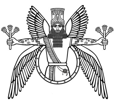 Eski Asur Tanrı kanatlı. Sümer mitolojisindeki karakter. Beyaz bir arka plan üzerinde izole doğrusal siyah-beyaz çizim. Vektör çizim.
