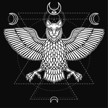 Efsanevi hayvan, bir kuş bir vücut ve bir aslan başkanı ile Anzud. Sümer mitolojisindeki karakter. Kutsal geometri. Tek renkli vektör çizim çizim. Baskı, poster, tişört, tekstil.