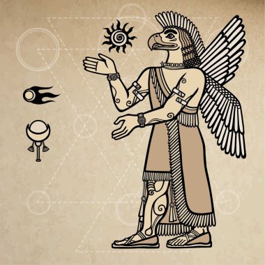 Vektör çizim: kişinin bir vücut ve bir kuş başkanı ile Asur Tanrı. Sümer mitolojisindeki karakter. Tam büyüme. Arka plan - eski kağıt imitasyon.