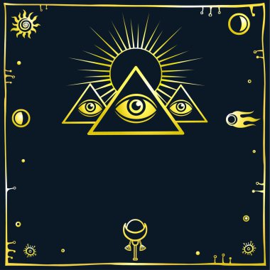 Stilize Mısır piramitleri. Mistik sembol. Bilgi göz. Koyu arka plan. Altın taklidi.