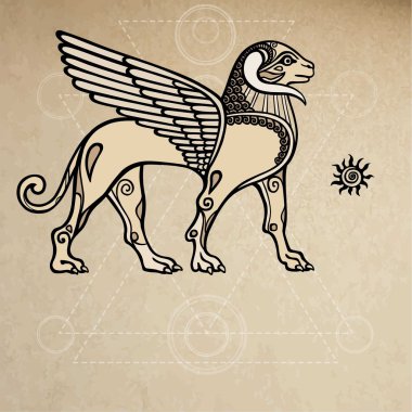 Asur chimera kanatlı ram. Arka plan - eski kağıt imitasyon.