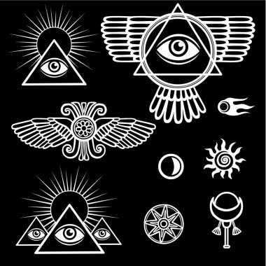 Set of esoteric symbols: wings, pyramid, eye, moon, sun, comet, star. The isolated white contour on a black background. clipart