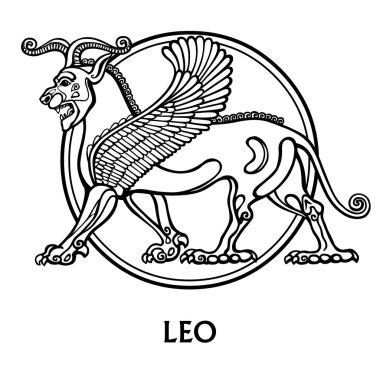 Burç Leo. Vektör sanat. Siyah ve beyaz zodyak çizim üzerinde beyaz izole.