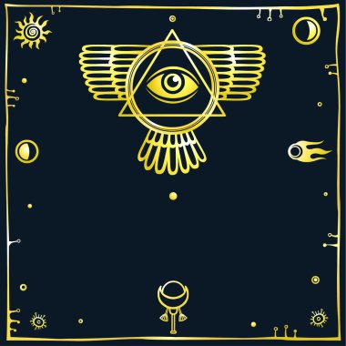 Bir piramit ezoterik kanatlı iz. Altın bir siluet siyah bir arka plan. Alanı simgeler. Vektör çizim.