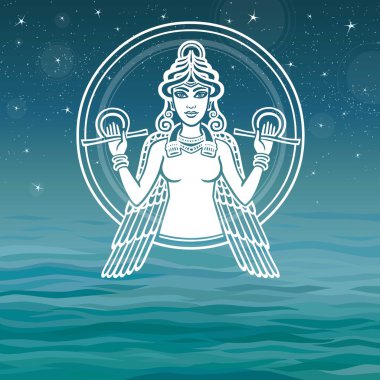 Stilize tanrıçası Ishtar. Deniz arka plan üzerinde beyaz siluet.