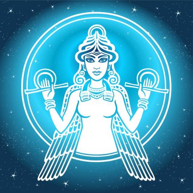 Stilize tanrıçası Ishtar. Mavi arka plan, yıldız gökyüzü üzerinde beyaz siluet.