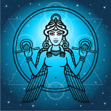 The stylized goddess Ishtar. Black silhouette on a blue background, the stellar sky. clipart