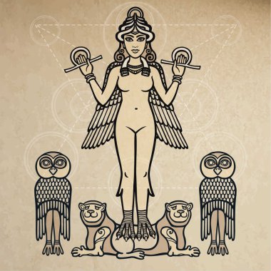 The stylized goddess Ishtar. Background - an imitation of old paper. clipart