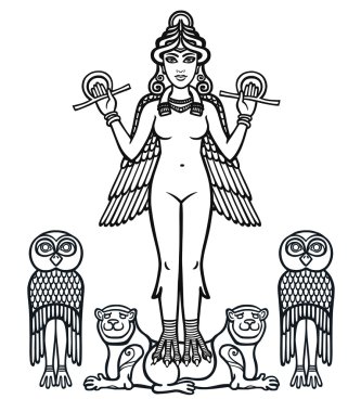 Stilize tanrıçası Ishtar. Beyaz bir arka plan üzerinde izole siyah siluet.