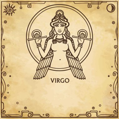 Başak burcu. Doğrusal vektör çizim çizim. Arka plan - eski kağıt imitasyon. Metin için yer.