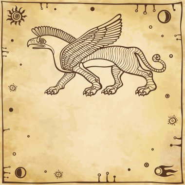 Fantastik kanatlı griffon. Metni için bir yer. Eski kağıt taklit.