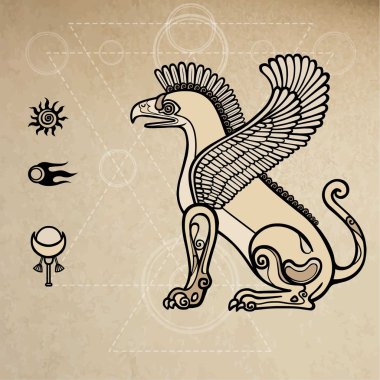 Asur griffin. Arka plan - eski kağıt imitasyon.