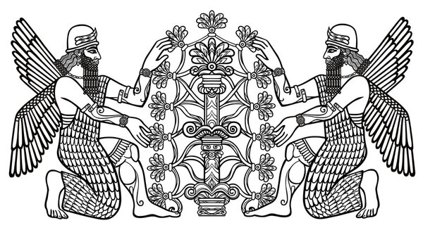 The silhouette of the Assyrian deities collects fruits from a fantastic tree. Character of Sumerian mythology. Linear drawing, the black silhouette isolated on a white background. Vector illustration.