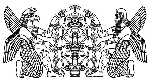 Asur tanrıları silüeti fantastik bir ağaçtan meyve toplar. Karakter Sümer mythologythe silueti Asur Tanrılar fr. çizim, izole bir beyaz arka plan üzerinde siyah siluet lineer toplar. Vektör çizim.