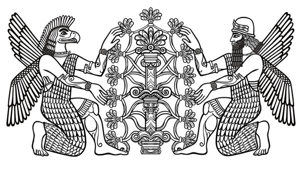 The silhouette of the Assyrian deities collects fruits from a fantastic tree. Character of Sumerian mythologyThe silhouette of the Assyrian deities collects fr. Linear drawing, the black silhouette isolated on a white background. Vector illustration.