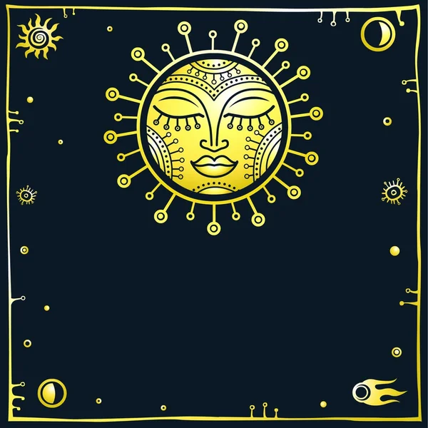 Fondo vectorial: sol estilizado con un lugar para el texto. Fondo oscuro. Imitación de oro . — Vector de stock